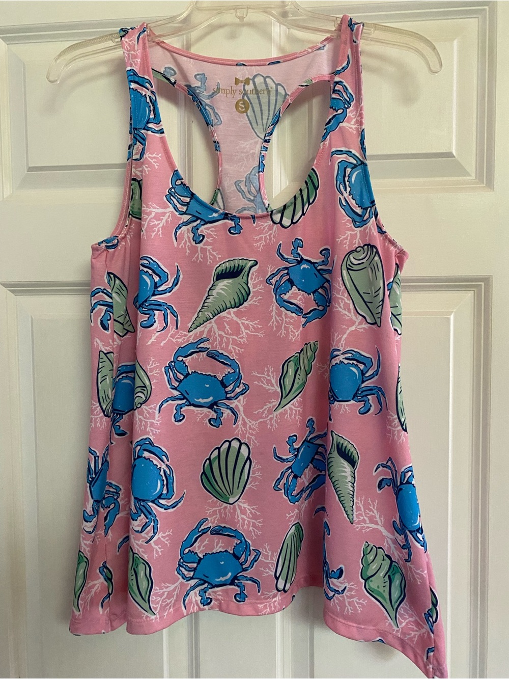 Simply Southern Pink Racerback Tank with Blue Crab & Green Shell Print